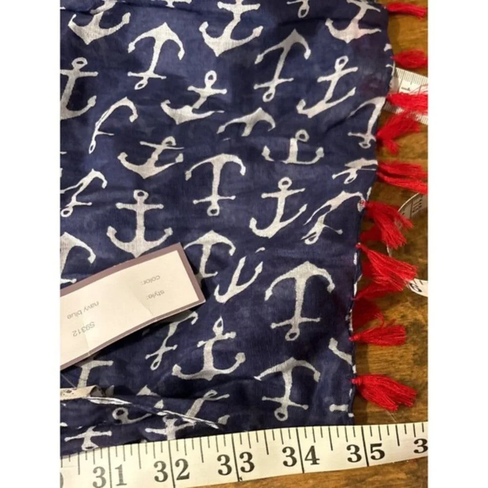 Lifestyle Taleen Anchor Print Scarf‎ With Tassels Navy & White